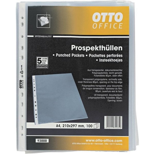 Otto Office Premium Prospekthülle Premium, 100 Stück, genarbt, Format A4 mit Multilochung, oben offen