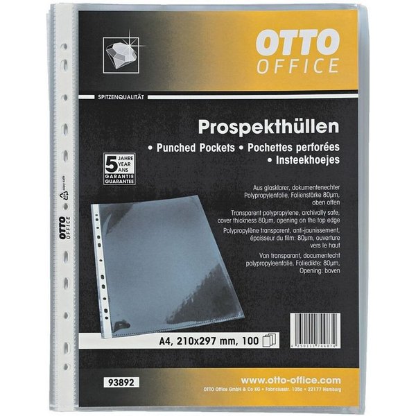 Otto Office Premium Prospekthülle Premium, 100 Stück, glasklar, Format A4 mit Multilochung, oben offen