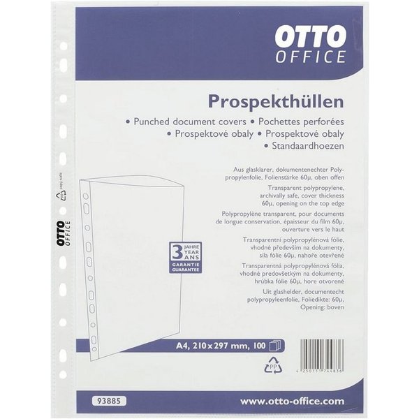 Otto Office Prospekthülle Standard, 100 Stück, glasklar, Format A4, Multilochung, Öffnung oben