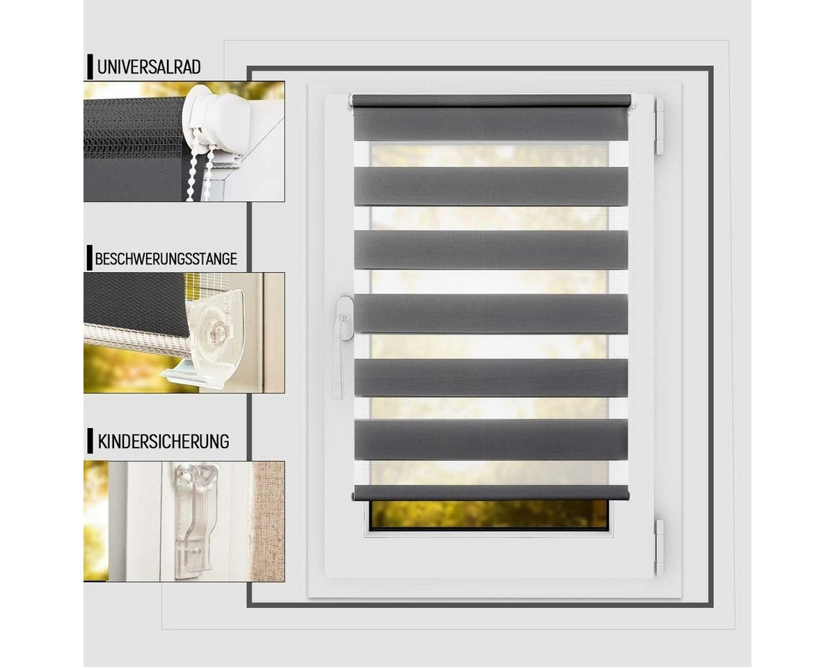 Doppelrollo Klemmfix ohne Bohre, OUBO, verdunkelnd, Fensterrollo Seitenzugrollo Blickdicht, Für Fenster und Tür mit Klämmträger lichtdurchlässig verdunkelnd – Bild 3 von 5