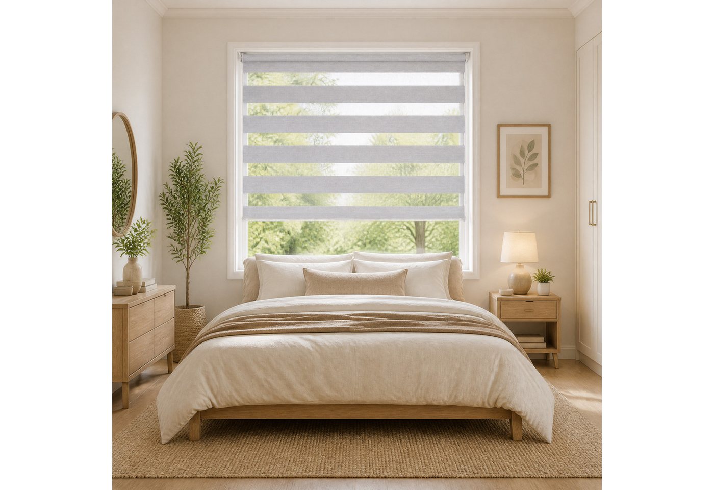 Doppelrollo Ohne Bohren, Weiß/Beige/Anthrazit, OUBO, freihängend, verspannt, Klemmfix, Klemmträger, Lichtschutz schnelle und einfache Montage mit beiliegendem – Bild 2 von 5