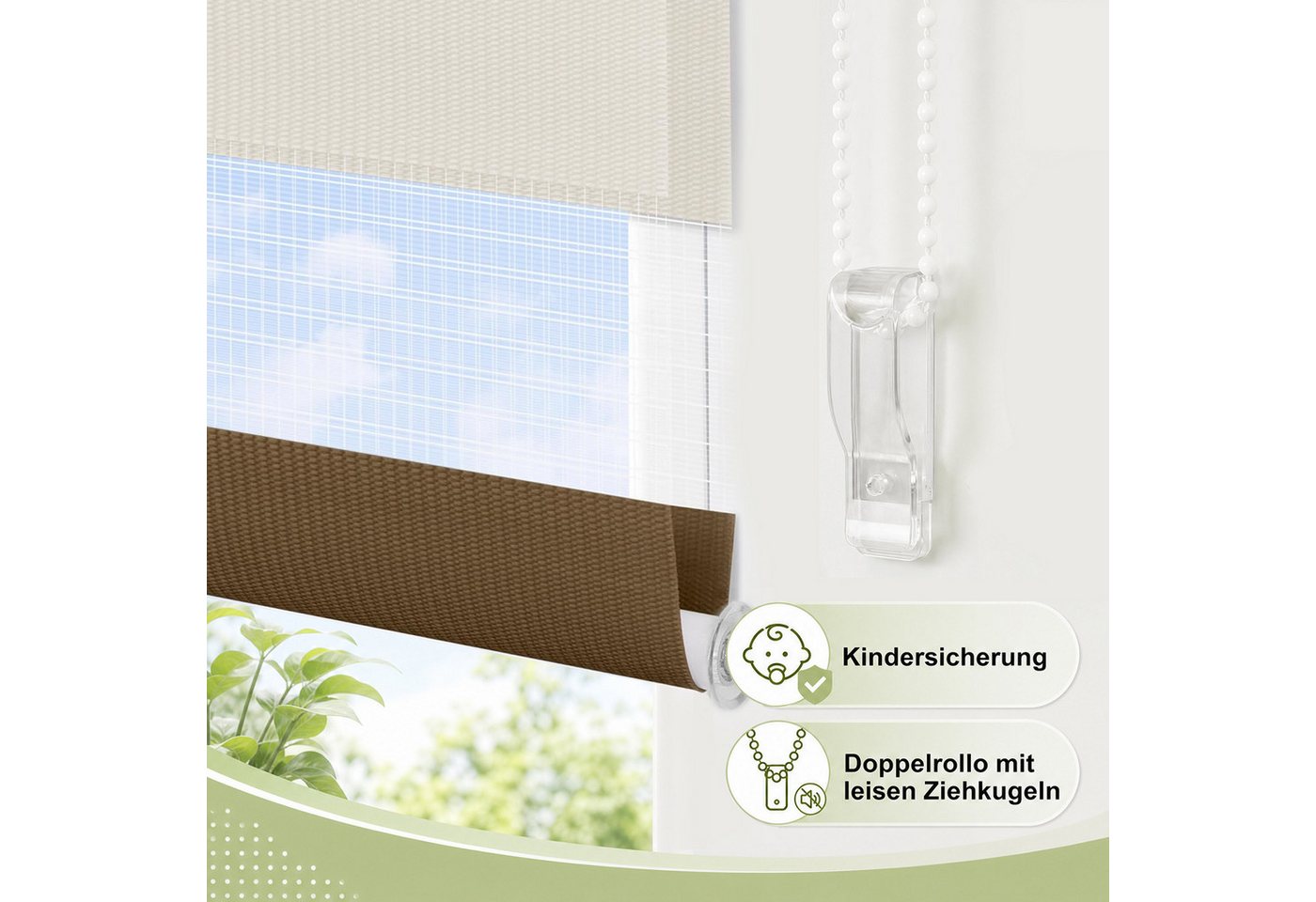 Doppelrollo Ohne Bohren, Weiß/Beige/Anthrazit, OUBO, freihängend, verspannt, Klemmfix, Klemmträger, Lichtschutz schnelle und einfache Montage mit beiliegendem – Bild 3 von 5