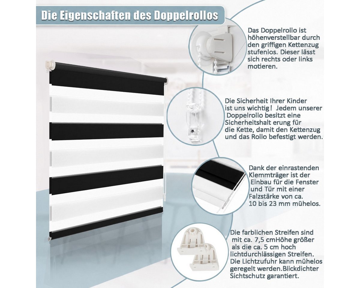 Doppelrollo Ohne Bohren, Schwarz-Weiß/Weiß-Anthrazit-Aubergine, OUBO, freihängend, verspannt, Klemmträger,klemmfix, Lichtschutz schnelle und einfache Montage mi – Bild 2 von 5
