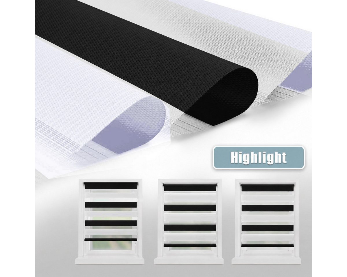 Doppelrollo Ohne Bohren, Schwarz-Weiß/Weiß-Anthrazit-Aubergine, OUBO, freihängend, verspannt, Klemmträger,klemmfix, Lichtschutz schnelle und einfache Montage mi – Bild 3 von 5