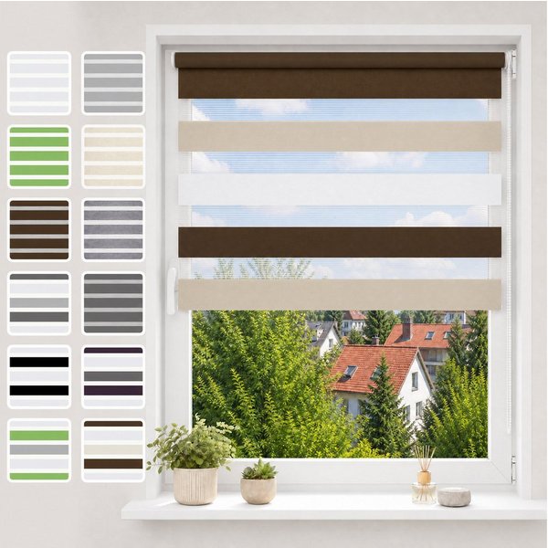 Doppelrollo ohne Bohren, Weiß-Beige-Braun/Weiß-Grau-Anthrazit, OUBO, Lichtdurchlässig Rollo für Fenster & Tür, Klemmfix, Klemmträger, Lichtschutz schnelle und e