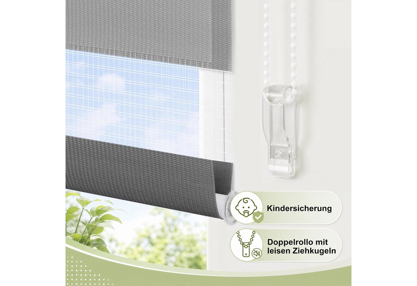 Doppelrollo Ohne Bohren, Weiß/Beige/Anthrazit, OUBO, freihängend, verspannt, Klemmfix, Klemmträger, Lichtschutz schnelle und einfache Montage mit beiliegendem – Bild 3 von 5