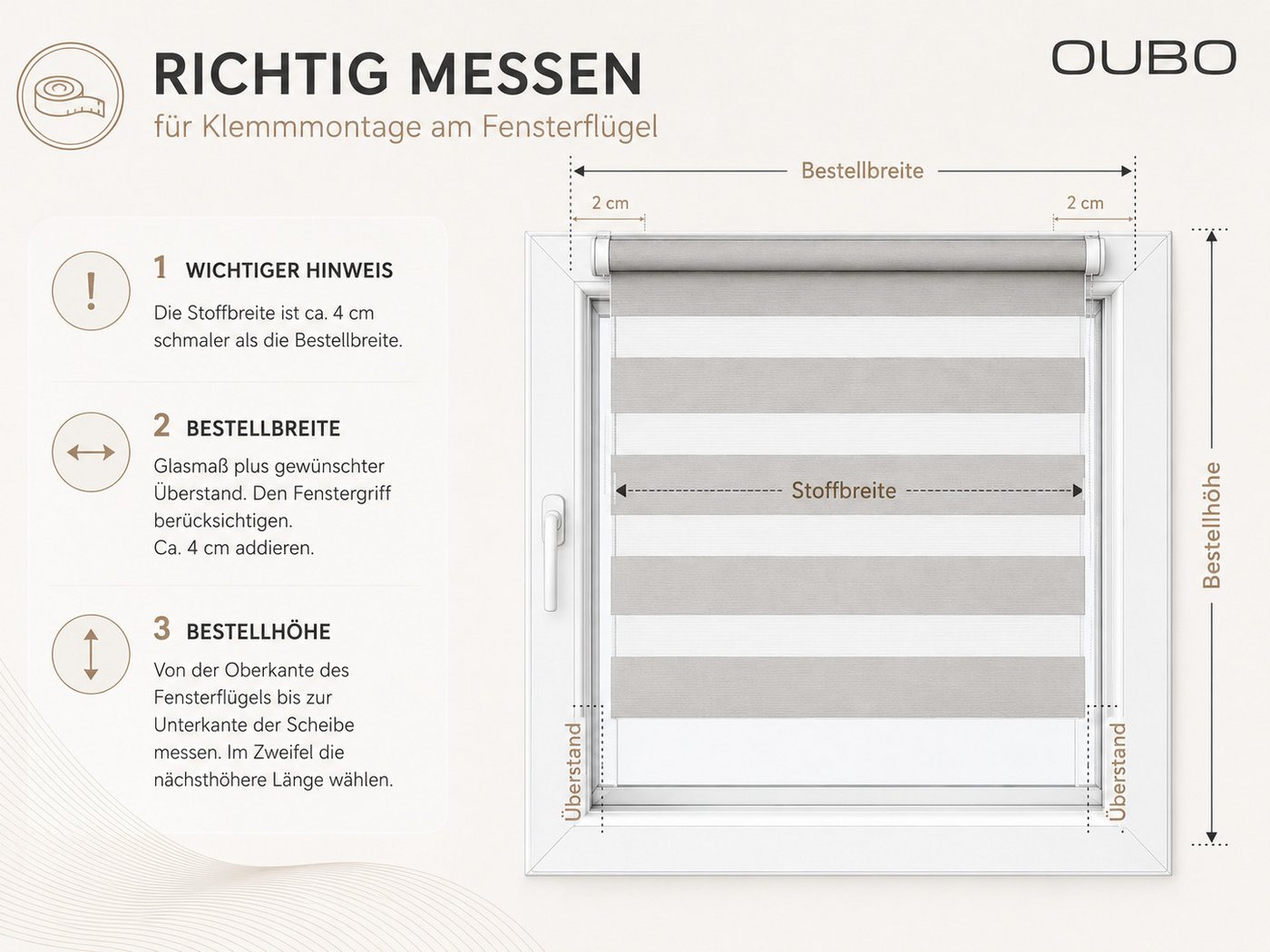 Doppelrollo Ohne Bohren, Weiß/Beige/Anthrazit, OUBO, freihängend, verspannt, Klemmfix, Klemmträger, Lichtschutz schnelle und einfache Montage mit beiliegendem – Bild 5 von 5