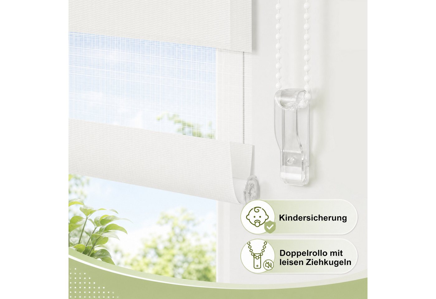 Doppelrollo Ohne Bohren, Weiß/Beige/Anthrazit, OUBO, freihängend, verspannt, Klemmfix, Klemmträger, Lichtschutz schnelle und einfache Montage mit beiliegendem – Bild 3 von 5