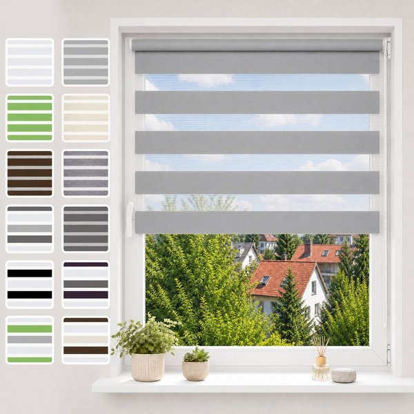 Doppelrollo Ohne Bohren, Grau/Grün/Grün-Grau-Weiß, OUBO, freihängend, verspannt, Klemmträger,klemmfix, Lichtschutz schnelle und einfache Montage mit beiliegende