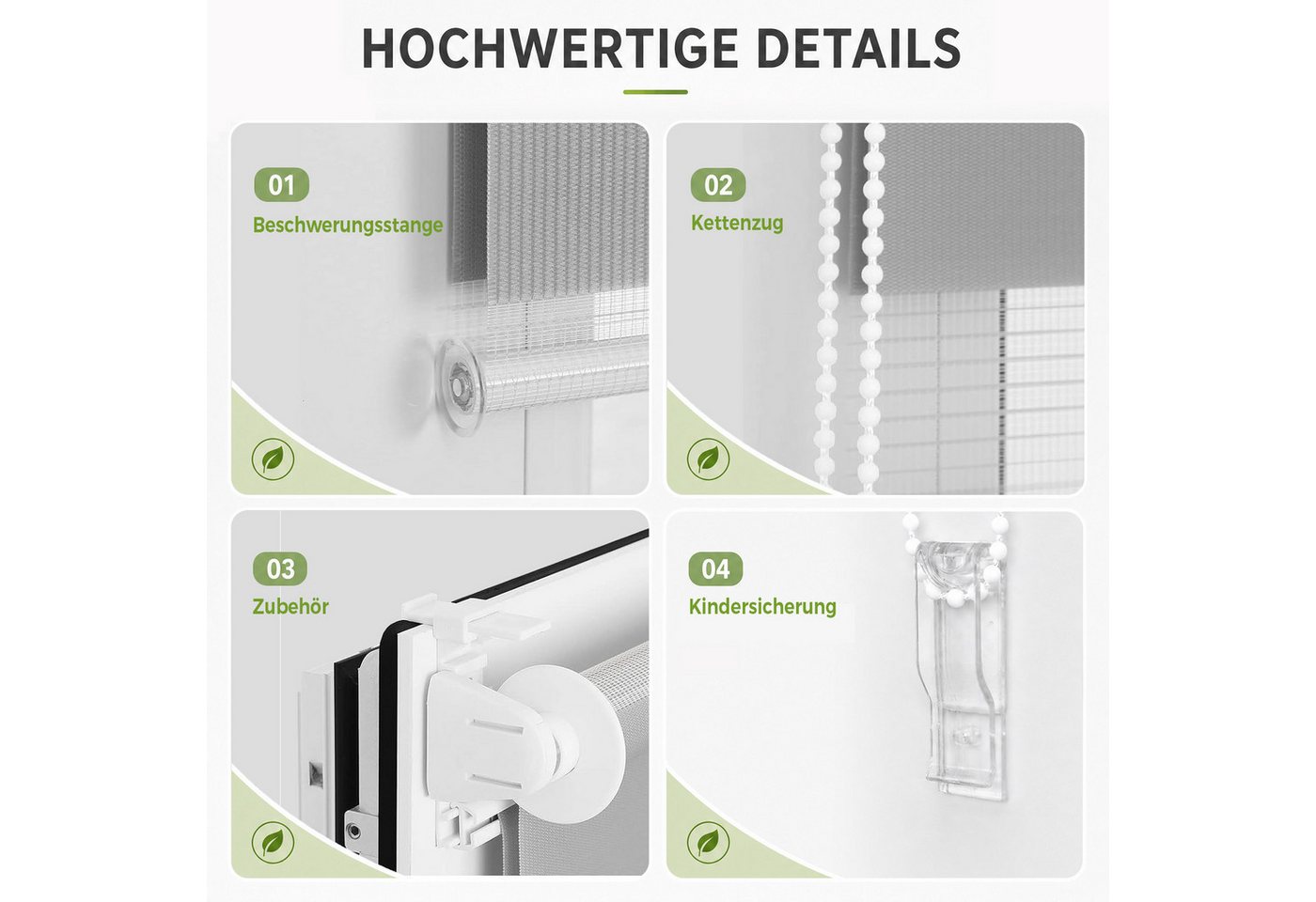 Doppelrollo Ohne Bohren, Grau/Grün/Grün-Grau-Weiß, OUBO, freihängend, verspannt, Klemmträger,klemmfix, Lichtschutz schnelle und einfache Montage mit beiliegende – Bild 3 von 5