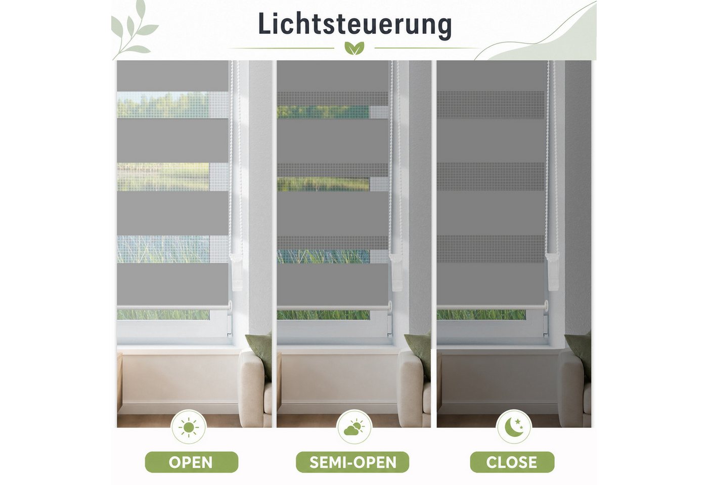 Doppelrollo Ohne Bohren, Grau/Grün/Grün-Grau-Weiß, OUBO, freihängend, verspannt, Klemmträger,klemmfix, Lichtschutz schnelle und einfache Montage mit beiliegende – Bild 4 von 5