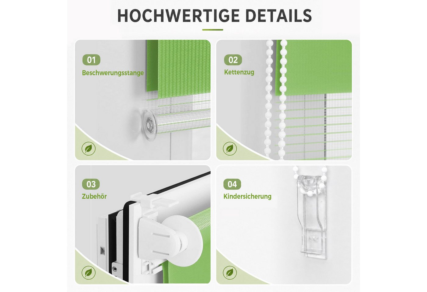 Doppelrollo Ohne Bohren, Grau/Grün/Grün-Grau-Weiß, OUBO, freihängend, verspannt, Klemmträger,klemmfix, Lichtschutz schnelle und einfache Montage mit beiliegende – Bild 3 von 5