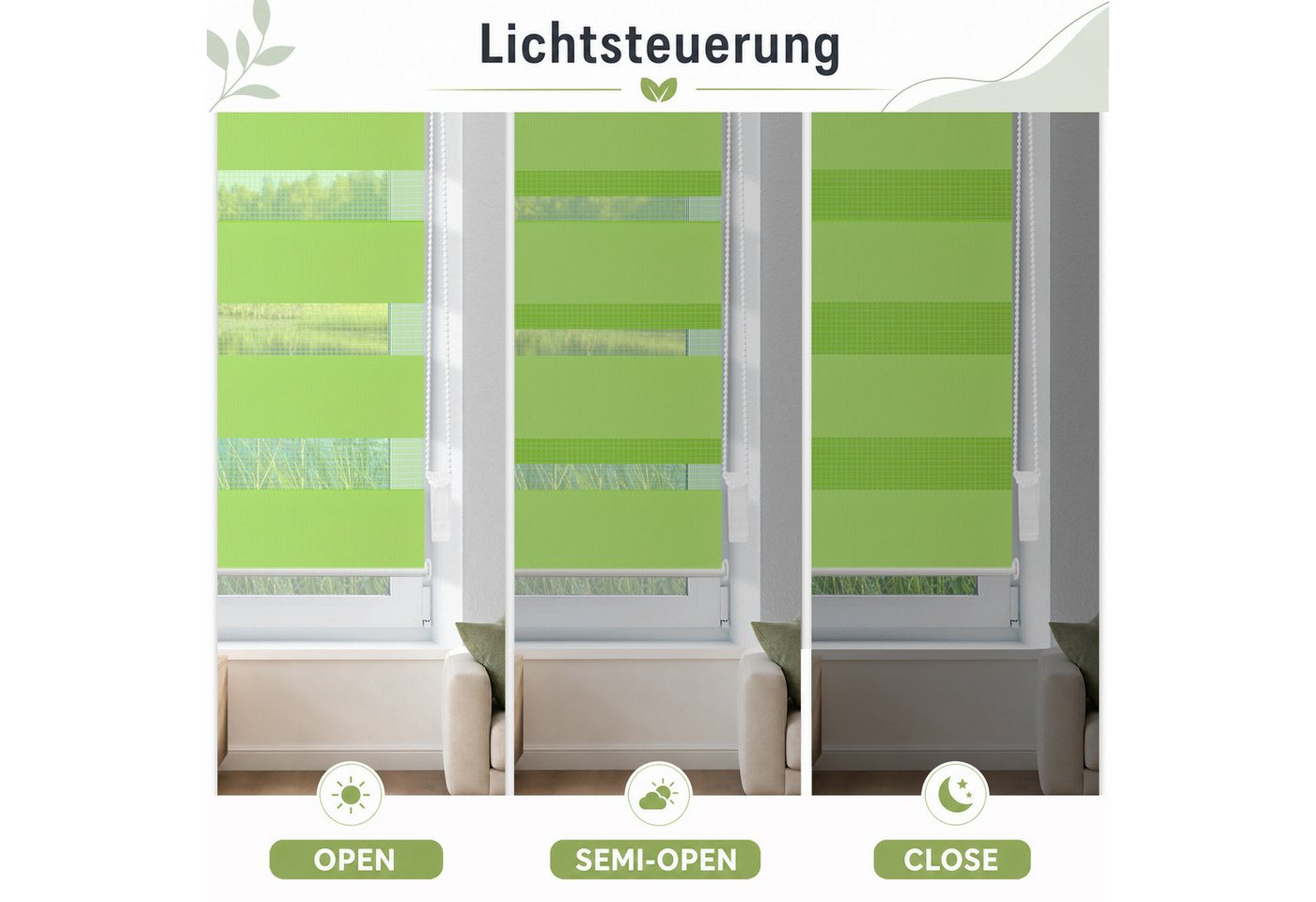 Doppelrollo Ohne Bohren, Grau/Grün/Grün-Grau-Weiß, OUBO, freihängend, verspannt, Klemmträger,klemmfix, Lichtschutz schnelle und einfache Montage mit beiliegende – Bild 4 von 5