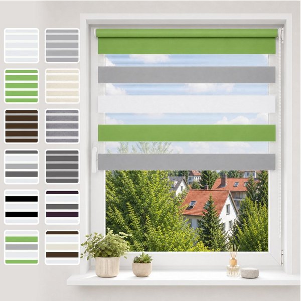Doppelrollo Ohne Bohren, Grau/Grün/Grün-Grau-Weiß, OUBO, freihängend, verspannt, Klemmträger,klemmfix, Lichtschutz schnelle und einfache Montage mit beiliegende