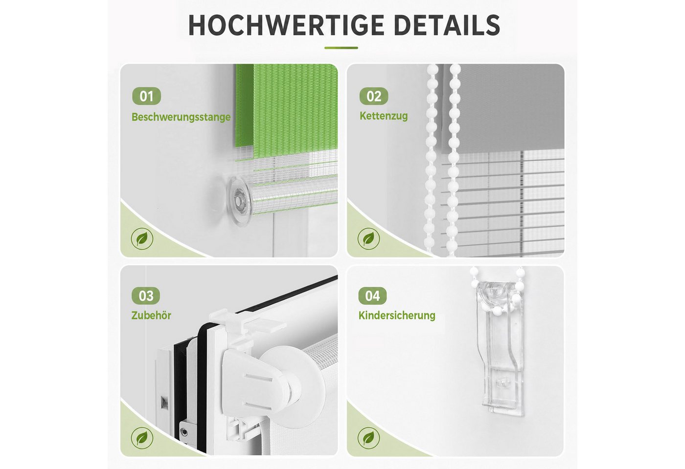 Doppelrollo Ohne Bohren, Grau/Grün/Grün-Grau-Weiß, OUBO, freihängend, verspannt, Klemmträger,klemmfix, Lichtschutz schnelle und einfache Montage mit beiliegende – Bild 3 von 5