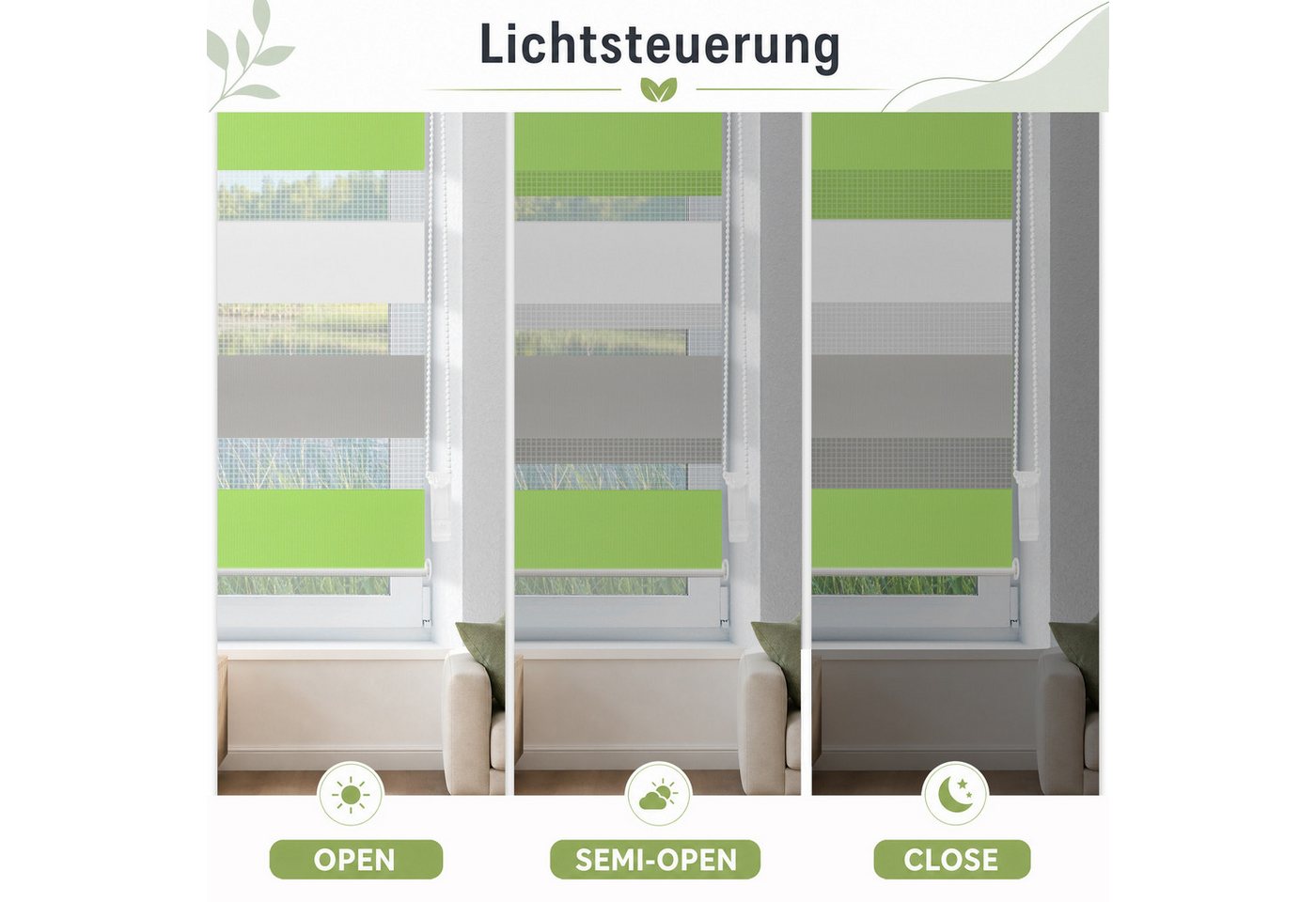 Doppelrollo Ohne Bohren, Grau/Grün/Grün-Grau-Weiß, OUBO, freihängend, verspannt, Klemmträger,klemmfix, Lichtschutz schnelle und einfache Montage mit beiliegende – Bild 4 von 5
