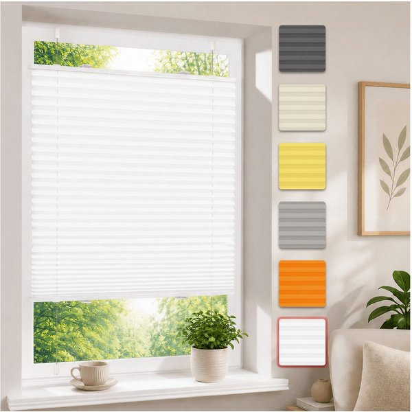 OUBO Plissee Faltrollo Ohne Bohren, Lichtschutz, Klemmträger,Easyfix, Lichtschutz, verspannt, Klemmfix, Jalousie für Fenster & Tür