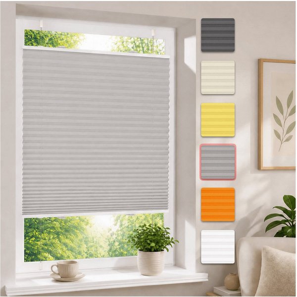 OUBO Plissee Faltrollo Ohne Bohren, Lichtschutz, Klemmträger,Easyfix, Lichtschutz, verspannt, Klemmfix, Jalousie für Fenster & Tür