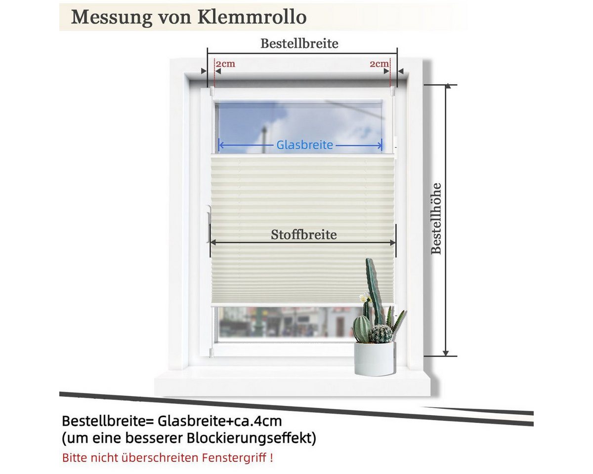 OUBO Plissee ohne Bohren Klemmfix, lichtdurchlässig Rollo, Lichtschutz, Easyfix, Klemmfix, mit Klemmträger, Sichtschutz und Sonnenschutz für Fenster & Tür – Bild 4 von 5