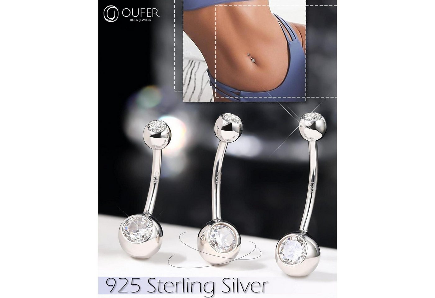 OUFER Bauchnabelpiercing 14G Bauchnabelpiercing Echt Silber 925 10/12/14/16 mm CZ Kugeln Belly – Bild 2 von 5