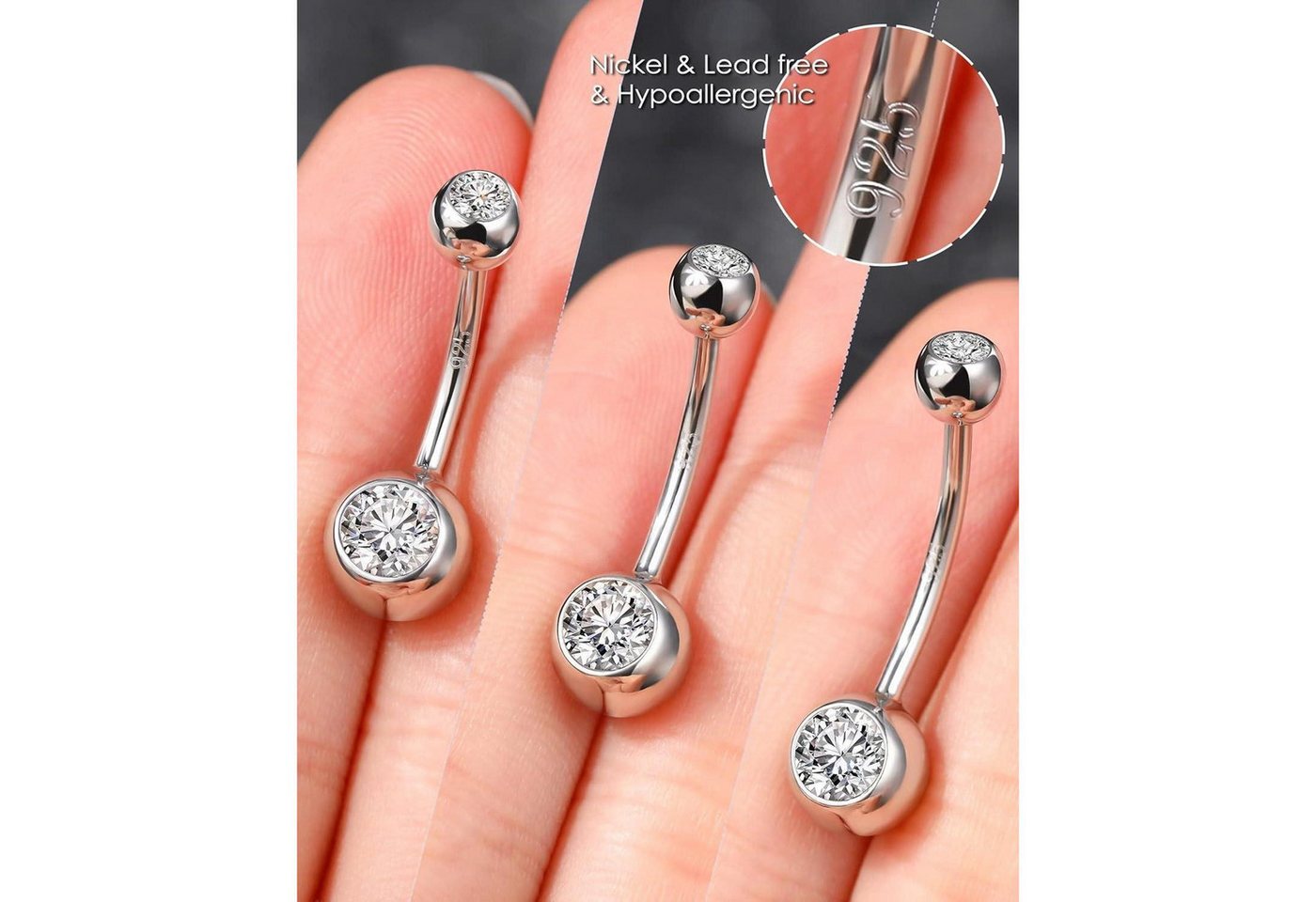 OUFER Bauchnabelpiercing 14G Bauchnabelpiercing Echt Silber 925 10/12/14/16 mm CZ Kugeln Belly – Bild 3 von 5