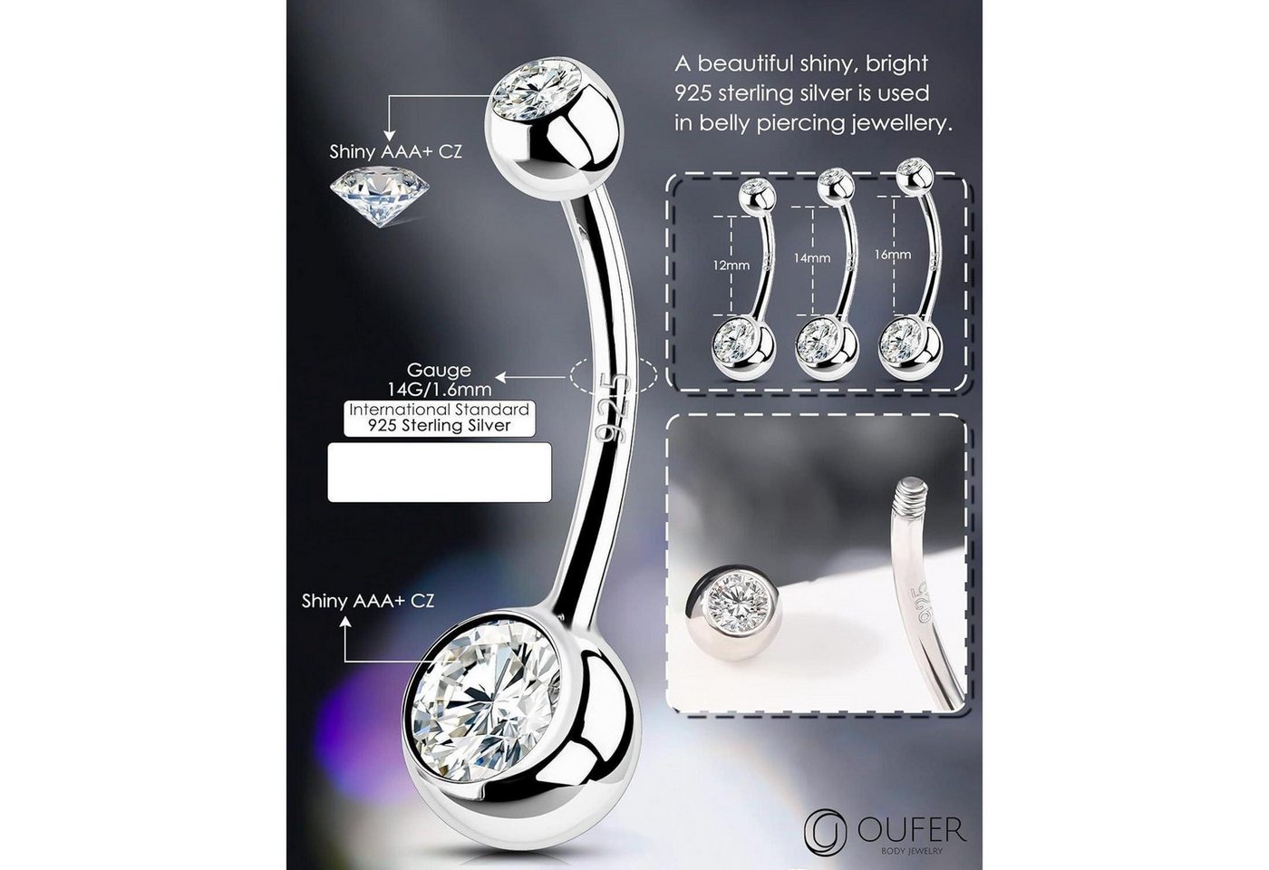OUFER Bauchnabelpiercing 14G Bauchnabelpiercing Echt Silber 925 10/12/14/16 mm CZ Kugeln Belly – Bild 5 von 5