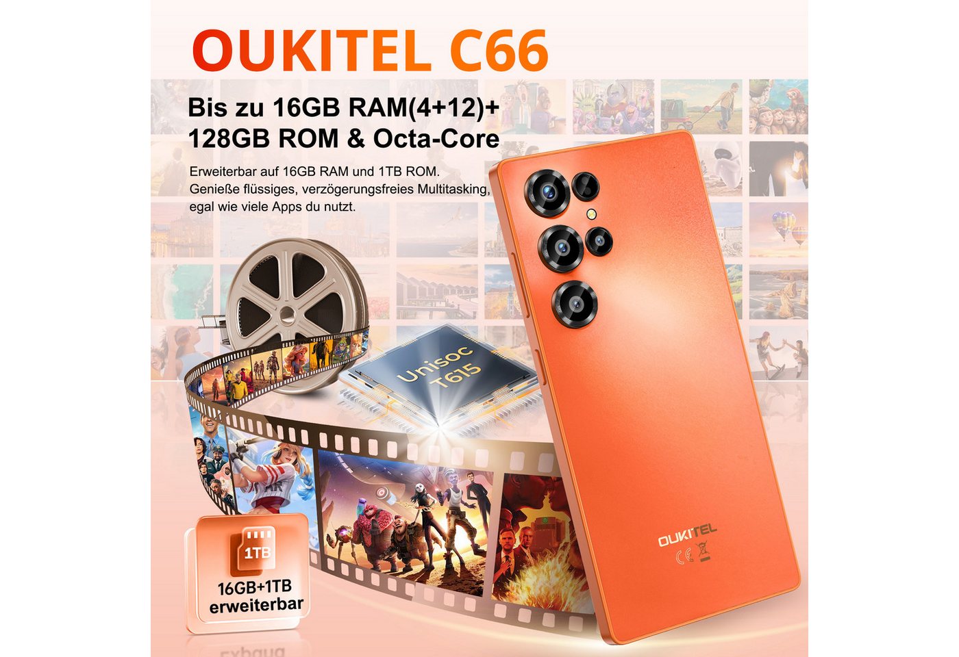 OUKITEL C66 Handy Ohne Vertrag Android 16 Smartphone (17,09 cm/6.73 Zoll, 128 GB Speicherplatz, 64 MP Kamera, 5000mAh, 16(4+12)GB+128GB /1TB, 6.73" HD+ 120Hz, D – Bild 2 von 5