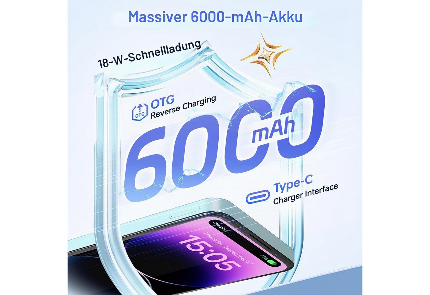 OUKITEL C68 4G Android 15 Smartphone (18,28 cm/7.2 Zoll, 512 GB Speicherplatz, 64 MP Kamera, 7,2" HD+ 120Hz, 64MP+8MP, 6000mAh, Dual SIM 4G, NFC, Face ID) – Bild 4 von 5