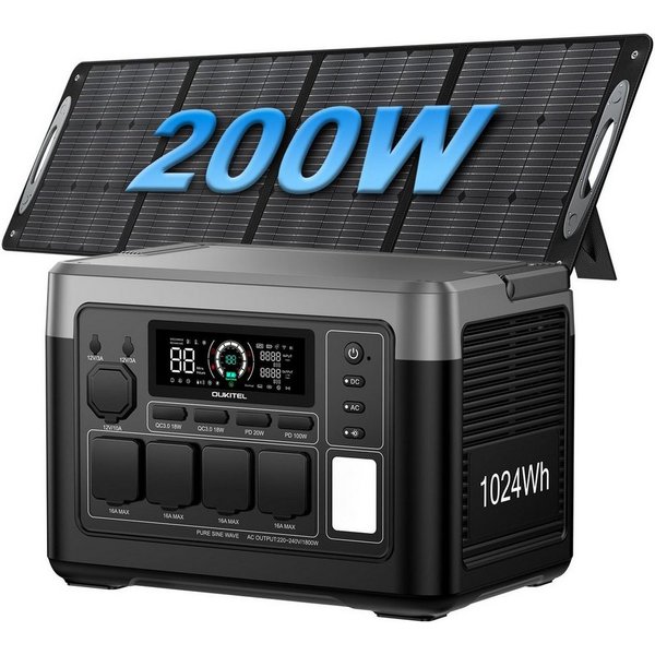 OUKITEL Stromerzeuger P1000E Plus 1800W/1024Wh Tragbare Powerstation, 1,8 in kW, (LiFePO4-Akku, 1-tlg., Mit 200W Solarpanel), Solargenerator mit 4*1800W AC Ausg