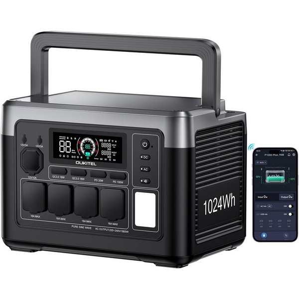 OUKITEL Stromerzeuger P1000E Plus 1800W/1024Wh Tragbare Powerstation, 1,8 in kW, (LiFePO4-Akku, 1-tlg), Solargenerator mit 4*1800W AC Ausgänge, für Camping,Wohn