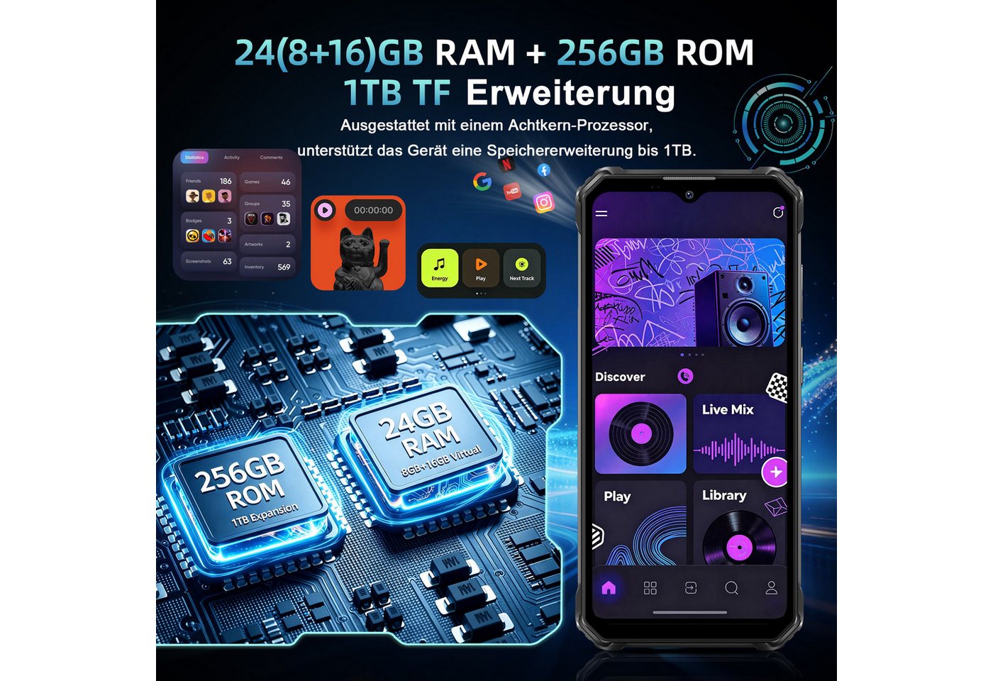 OUKITEL WP23 Plus 4G Outdoor Smartphone (16,56 cm/6.52 Zoll, 256 GB Speicherplatz, 13 MP Kamera, 10600mAh, 6,52'' Display, IP68/IP69K, Dual SIM 4G, NFC, GPS) – Bild 4 von 5