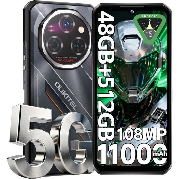 OUKITEL WP62 5G Android 15 Outdoor Smartphone (16,76 cm/6.6 Zoll, 512 GB Speicherplatz, 108 MP Kamera, 48GB+512GB, IP68 Baustellenhandy, 11000mAh, NFC, OTG, GPS