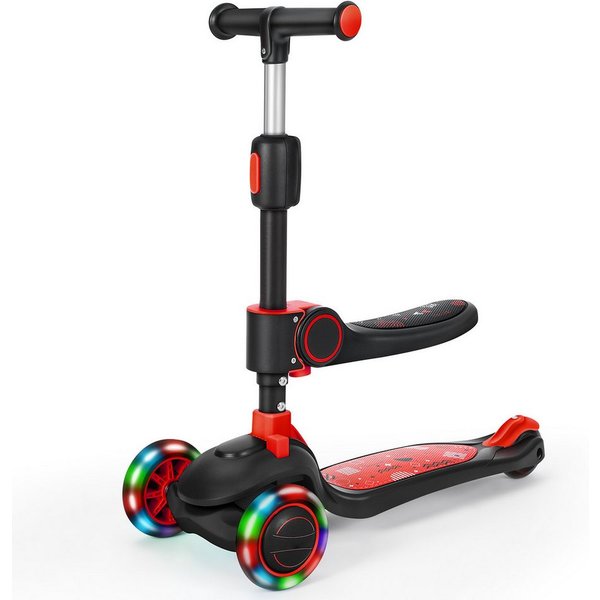 OUNUO Dreiradscooter 1009 Kinderroller mit LED und Sitz, höhenverstellbar, für 2 Jahren ab