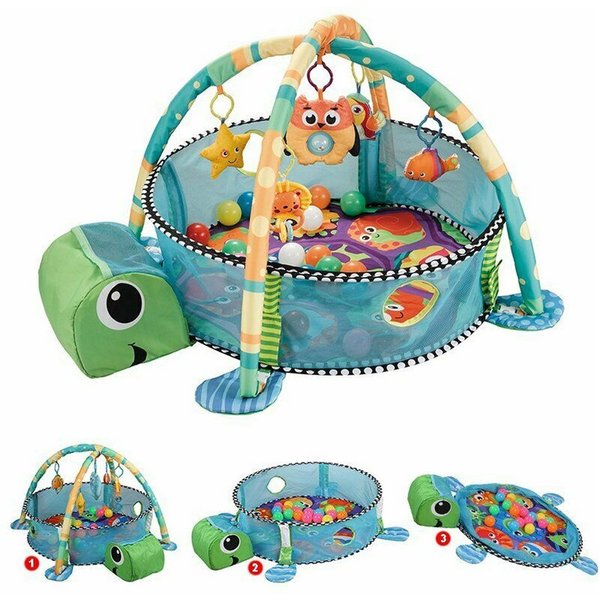 Krabbeldecke 3 in 1 Schildkröte Erlebnisdecke mit Spielbögen Bällebad, OUNUO