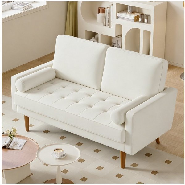 OUNUO Sofa 121cm Kleines Loveseat Sofa Couch aus Samt und Leinen mit 2 Zierkissen