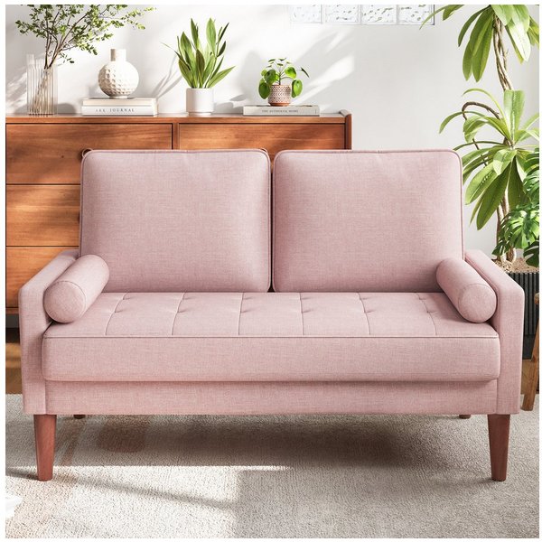 OUNUO Sofa 121cm Kleines Loveseat Sofa Couch aus Samt und Leinen mit 2 Zierkissen