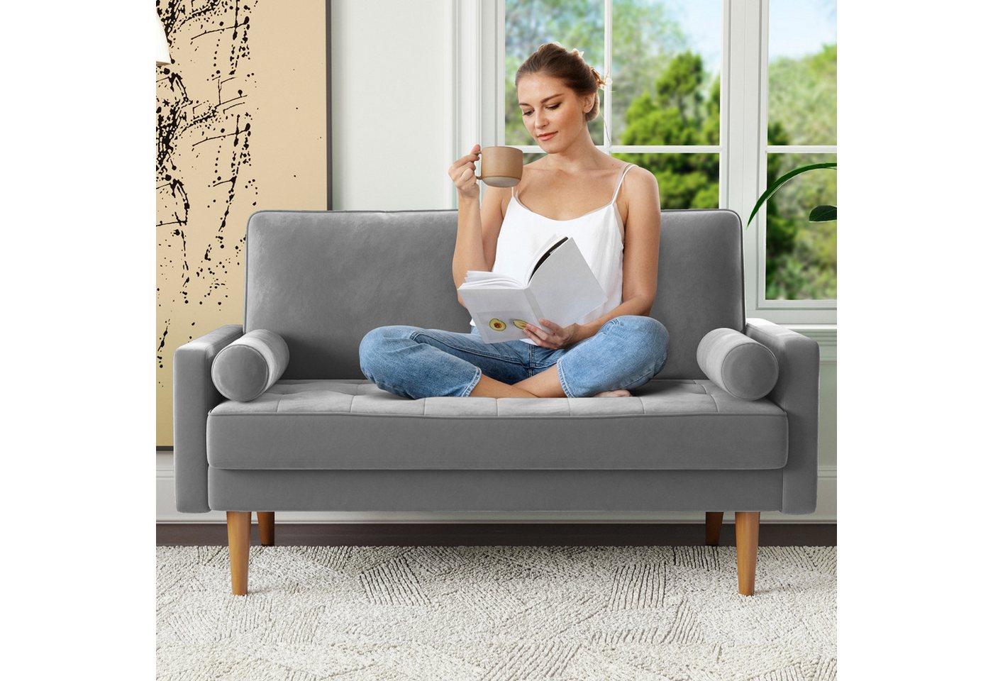 OUNUO Sofa 121cm Kleines Loveseat Sofa Couch aus Samt und Leinen mit 2 Zierkissen – Bild 2 von 5