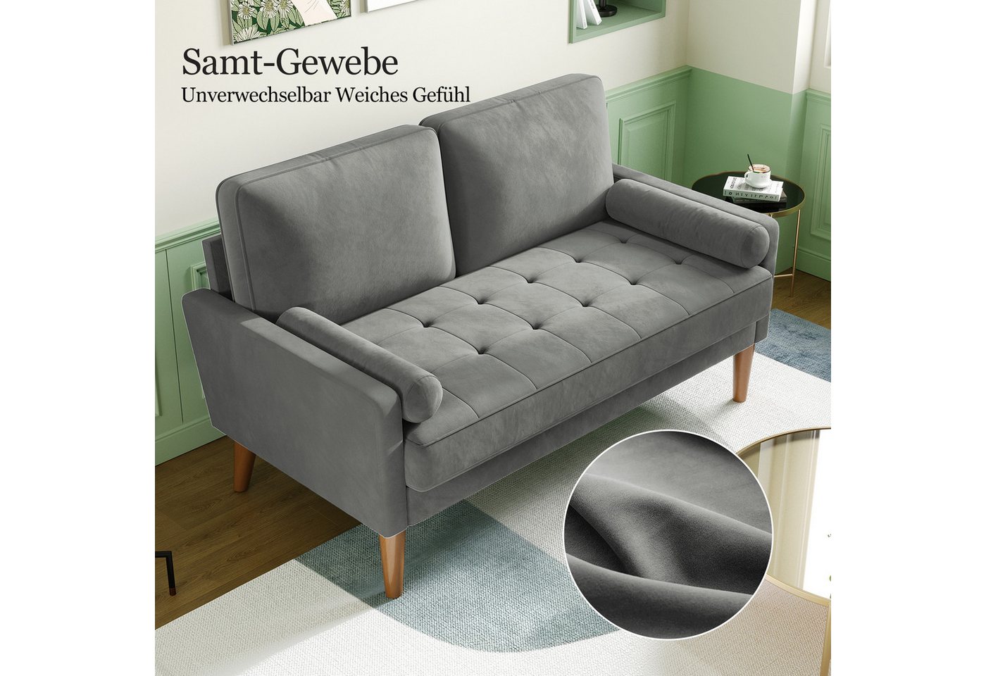 OUNUO Sofa 121cm Kleines Loveseat Sofa Couch aus Samt und Leinen mit 2 Zierkissen – Bild 5 von 5