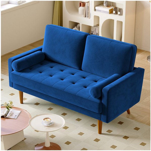OUNUO Sofa 121cm Kleines Loveseat Sofa Couch aus Samt und Leinen mit 2 Zierkissen