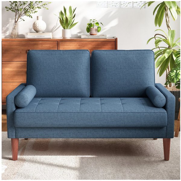 OUNUO Sofa 121cm Kleines Loveseat Sofa Couch aus Samt und Leinen mit 2 Zierkissen