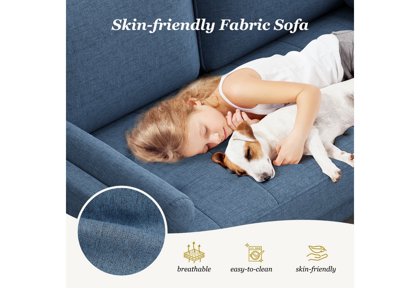 OUNUO Sofa 121cm Kleines Loveseat Sofa Couch aus Samt und Leinen mit 2 Zierkissen – Bild 2 von 5