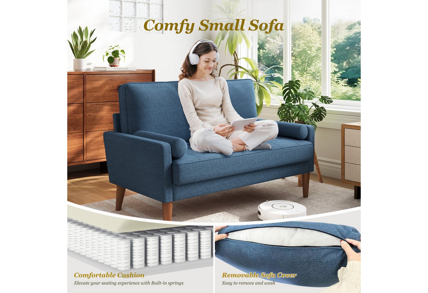 OUNUO Sofa 121cm Kleines Loveseat Sofa Couch aus Samt und Leinen mit 2 Zierkissen – Bild 3 von 5