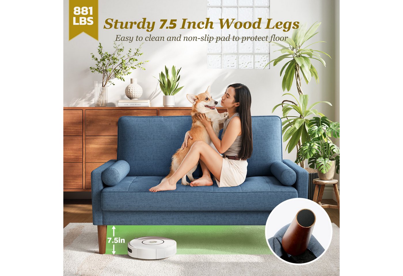 OUNUO Sofa 121cm Kleines Loveseat Sofa Couch aus Samt und Leinen mit 2 Zierkissen – Bild 4 von 5