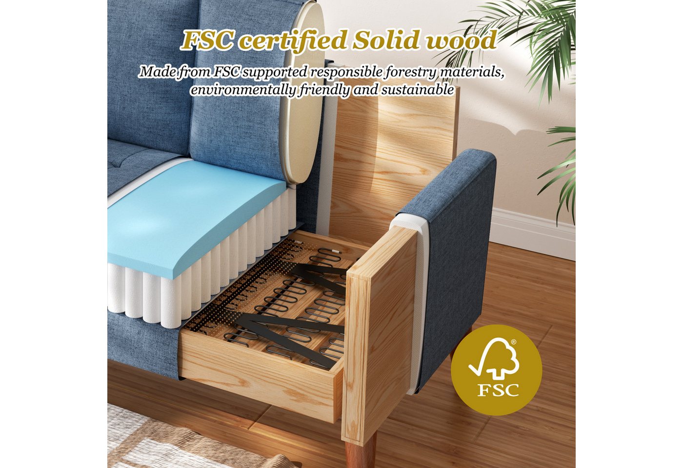 OUNUO Sofa 121cm Kleines Loveseat Sofa Couch aus Samt und Leinen mit 2 Zierkissen – Bild 5 von 5