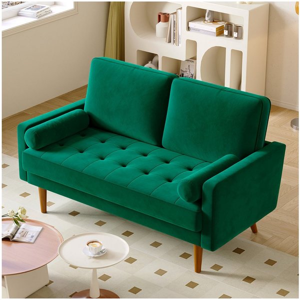 OUNUO Sofa 121cm Kleines Loveseat Sofa Couch aus Samt und Leinen mit 2 Zierkissen