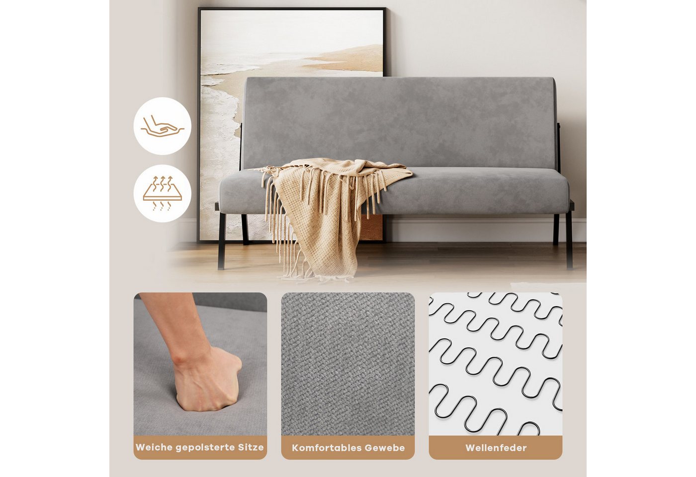 OUNUO Sofa 2 Sitzer Couch mit Metallrahmen Doppelsofa 150kg belastbar, Grau – Bild 5 von 5