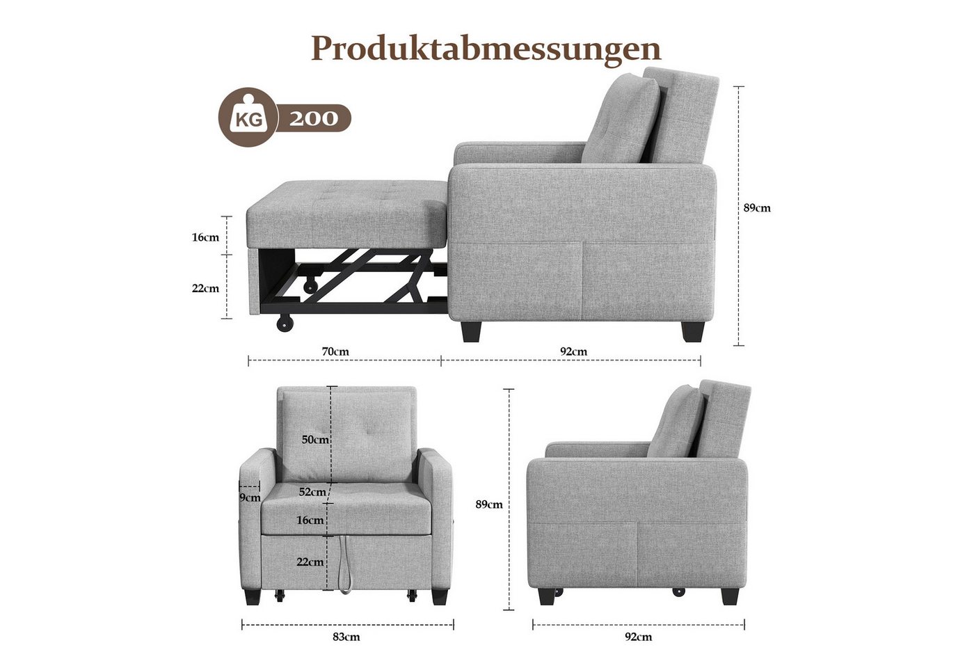 OUNUO Sofa Schlafsofa Klein 3 in 1, Klappsofa & Schlafhocker mit Bettfunktion – Bild 2 von 5