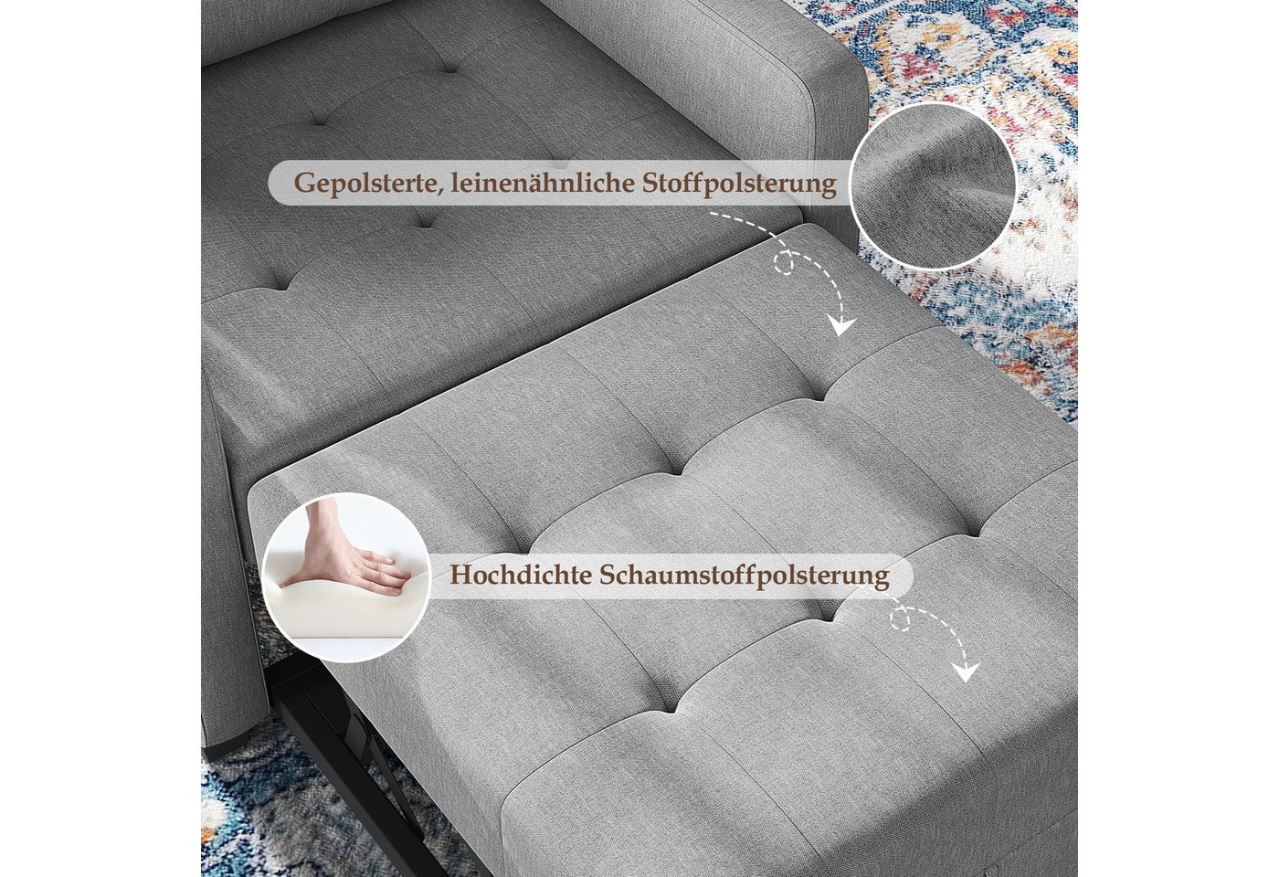 OUNUO Sofa Schlafsofa Klein 3 in 1, Klappsofa & Schlafhocker mit Bettfunktion – Bild 4 von 5