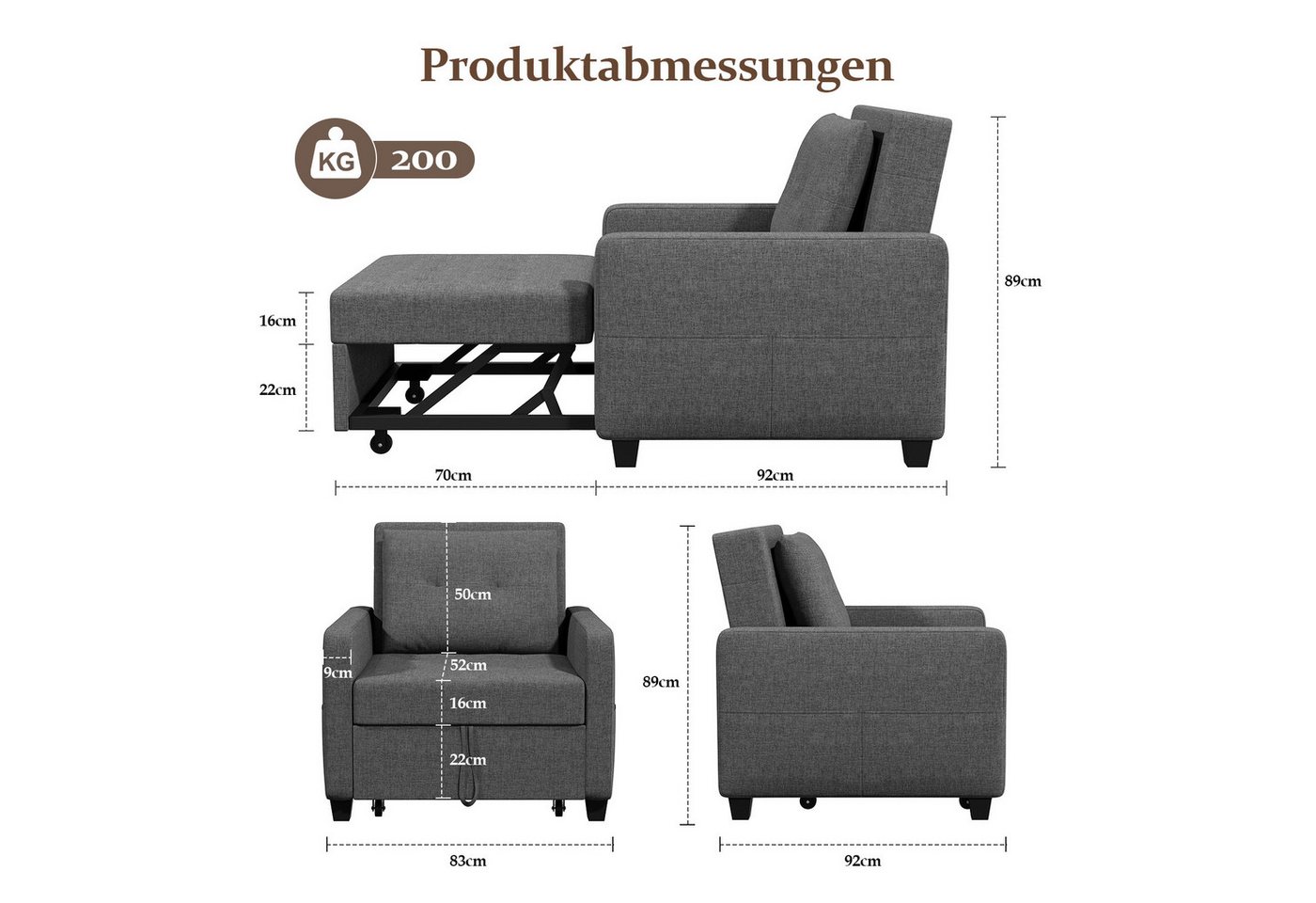 OUNUO Sofa Schlafsofa Klein 3 in 1, Klappsofa & Schlafhocker mit Bettfunktion – Bild 2 von 5
