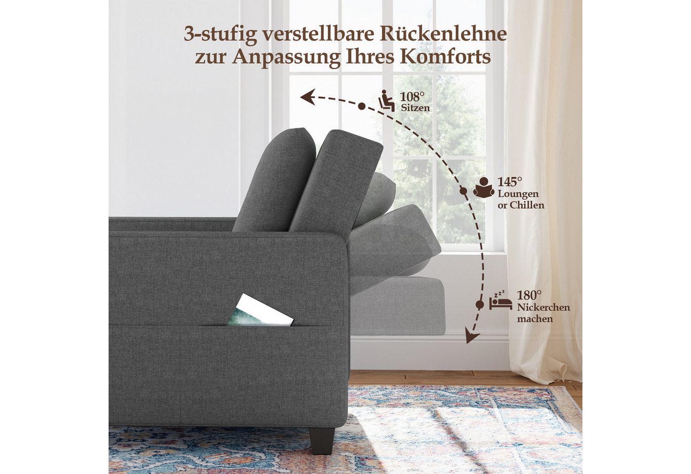OUNUO Sofa Schlafsofa Klein 3 in 1, Klappsofa & Schlafhocker mit Bettfunktion – Bild 3 von 5